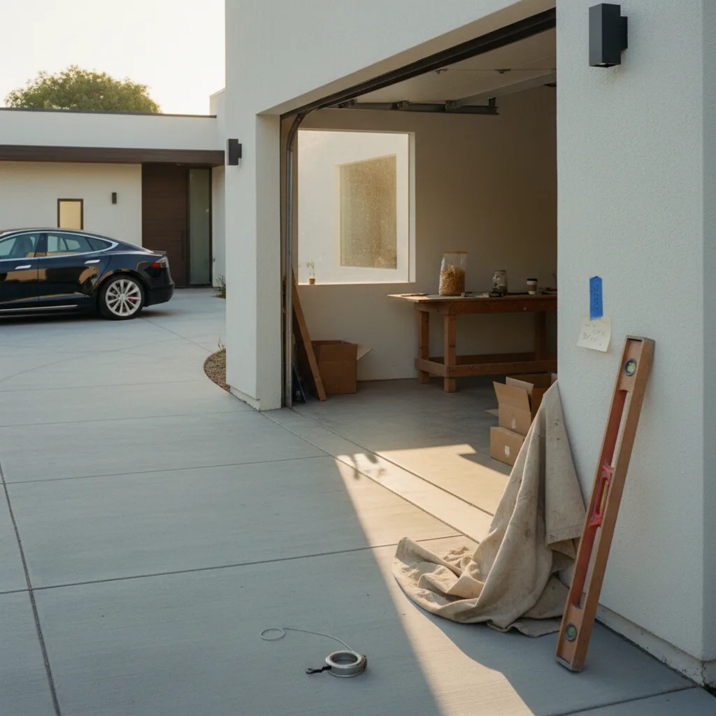 A newly installed modern concrete paver driveway in a Los Angeles neighborhood, with a clean, minimalist aesthetic.