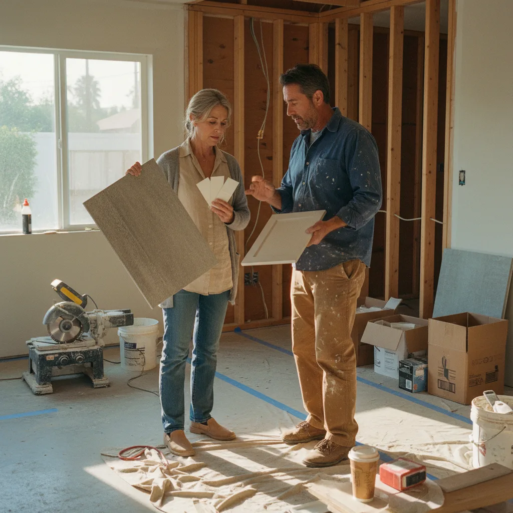 A homeowner and a driveway contractor in Los Angeles reviewing paver samples on a sunny day.