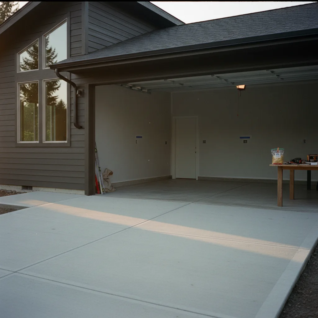 A newly installed dark gray paver driveway in a Portland neighborhood, flanked by green landscaping and a modern home.