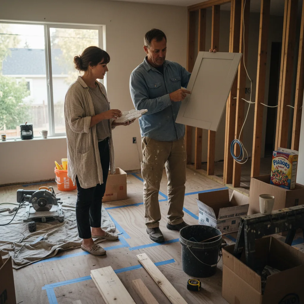 A Portland homeowner and a driveway contractor review paver samples on a partially completed project.