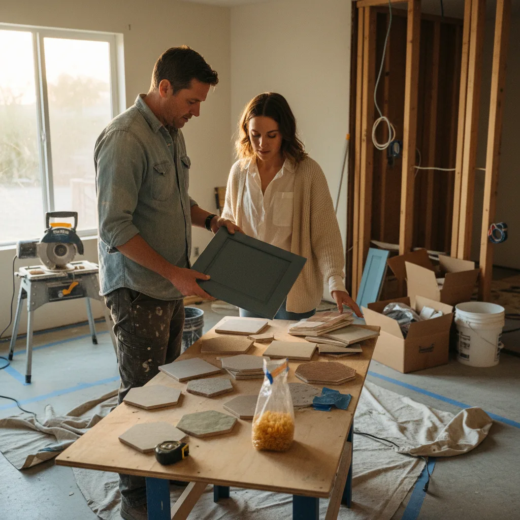 A Phoenix homeowner and a driveway contractor review paver samples in the bright Arizona sun.