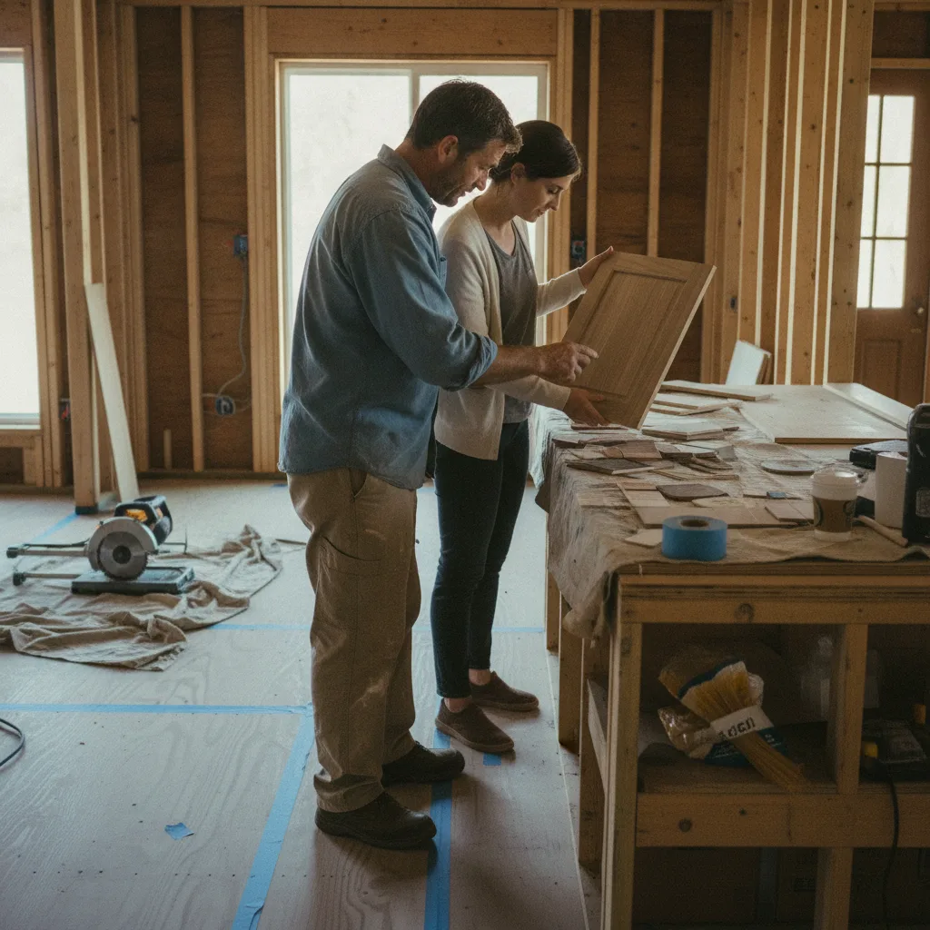 A contractor and homeowner review insulation options in an unfinished attic space, pointing at rafters.