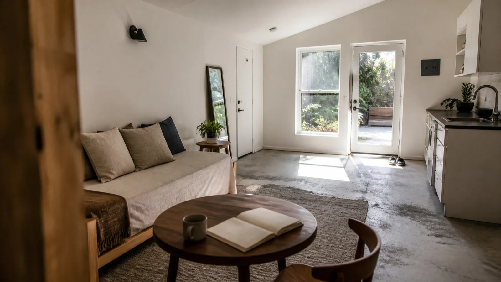 Interior of a converted garage studio in Los Angeles, kitchenette along one wall and a tall window where the garage door used to be.