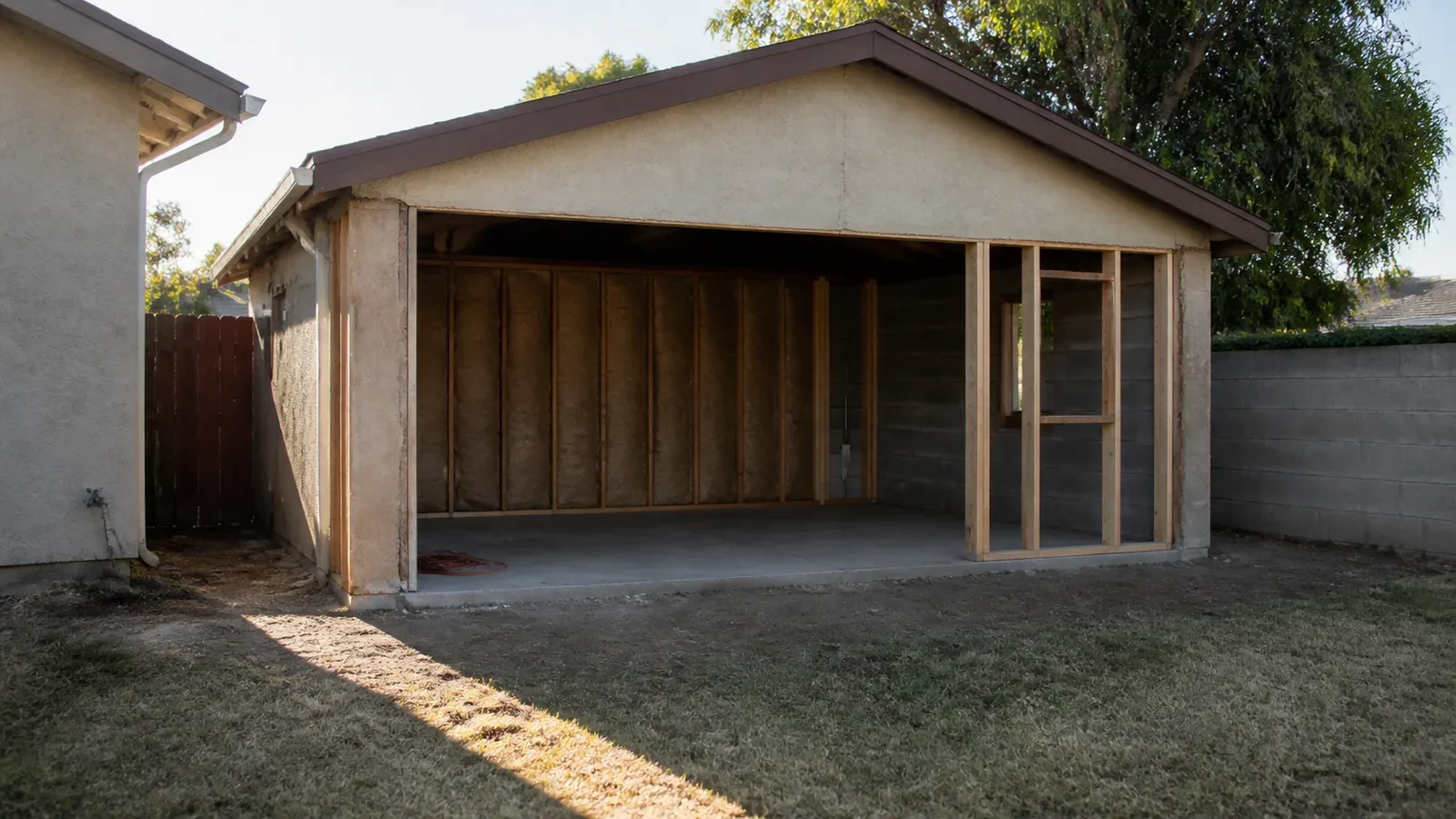 A detached two-car garage in Los Angeles with the door removed and the opening framed in new studs, one wall insulated and the rest still bare block.