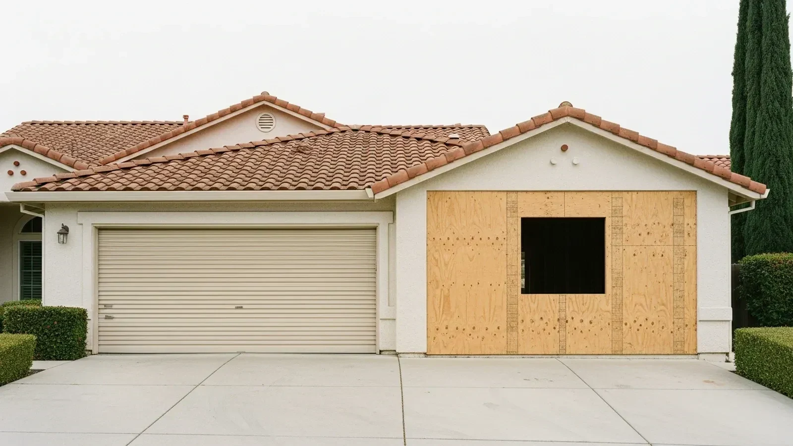 A California house with a terracotta tile roof, one garage bay closed in with plain plywood and a new window opening framed in bare timber.