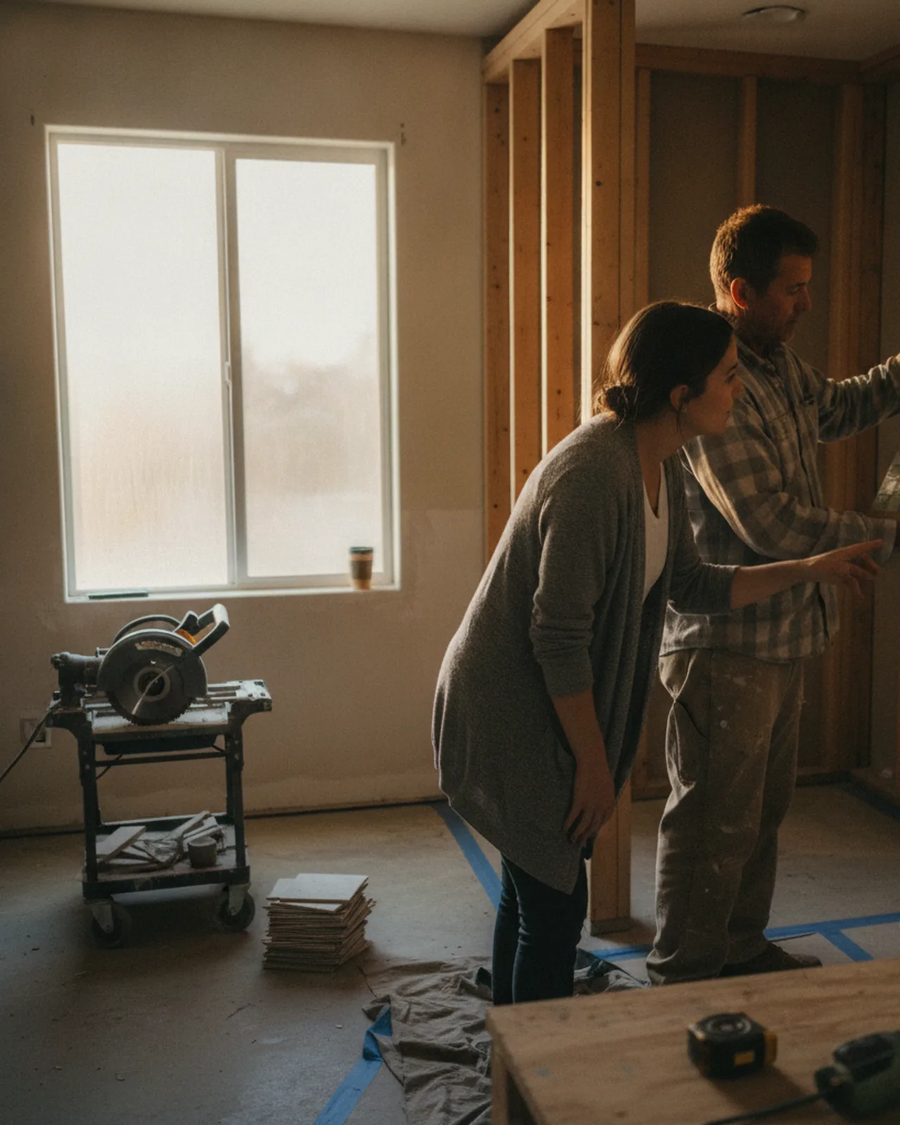 A San Diego homeowner and her contractor review tile samples in a partially demolished bathroom, planning the next steps.