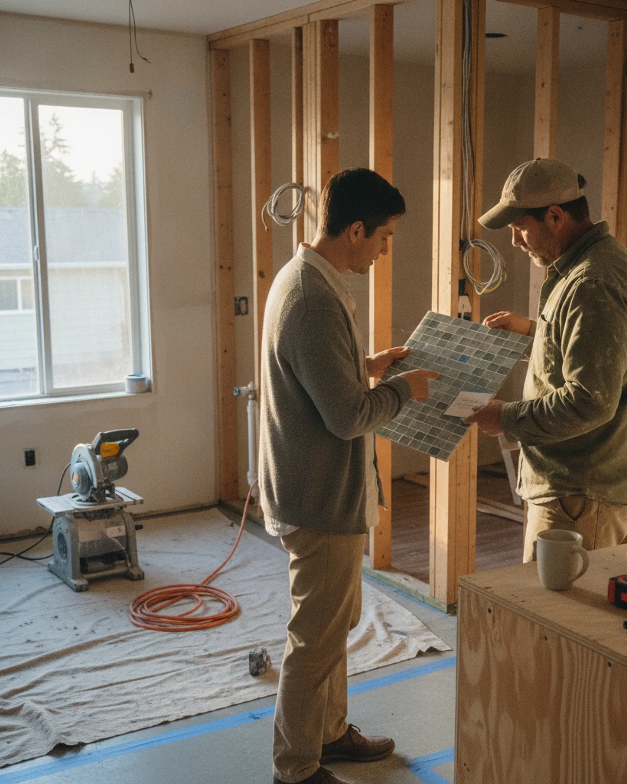 A Seattle homeowner and their kitchen contractor review countertop samples in a partially demolished kitchen space.