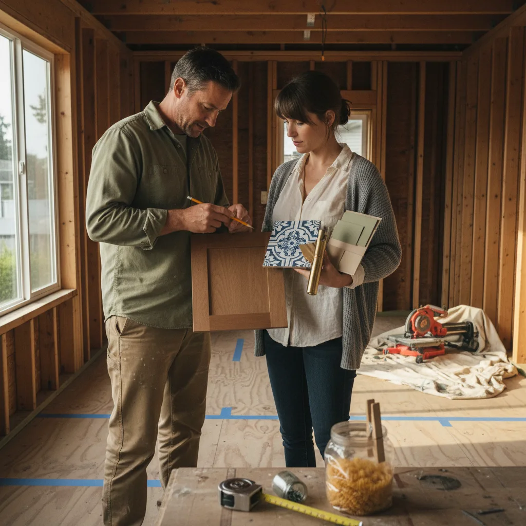 A contractor and homeowner in Seattle review ADU floor plans on a tablet at the construction site.