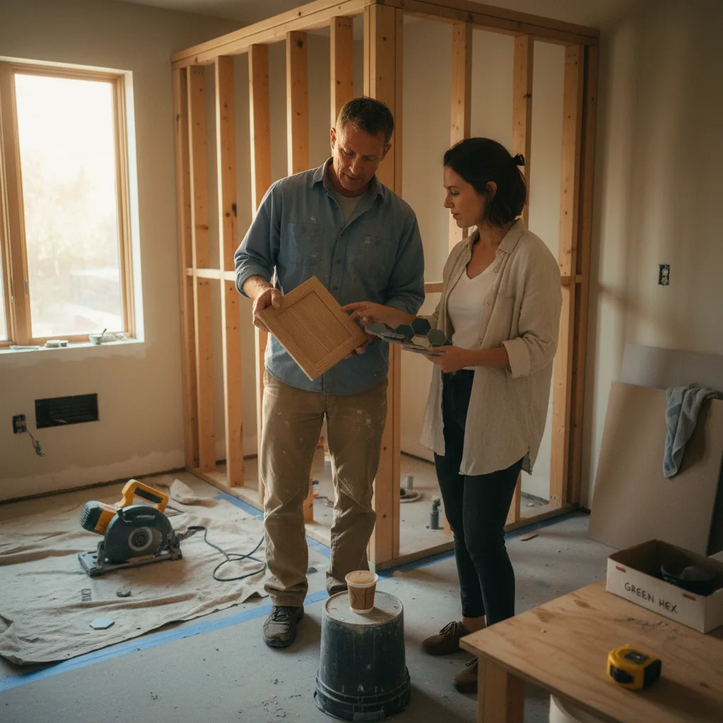 A Denver bathroom contractor and a homeowner discuss tile choices in a bright, modern bathroom under construction.