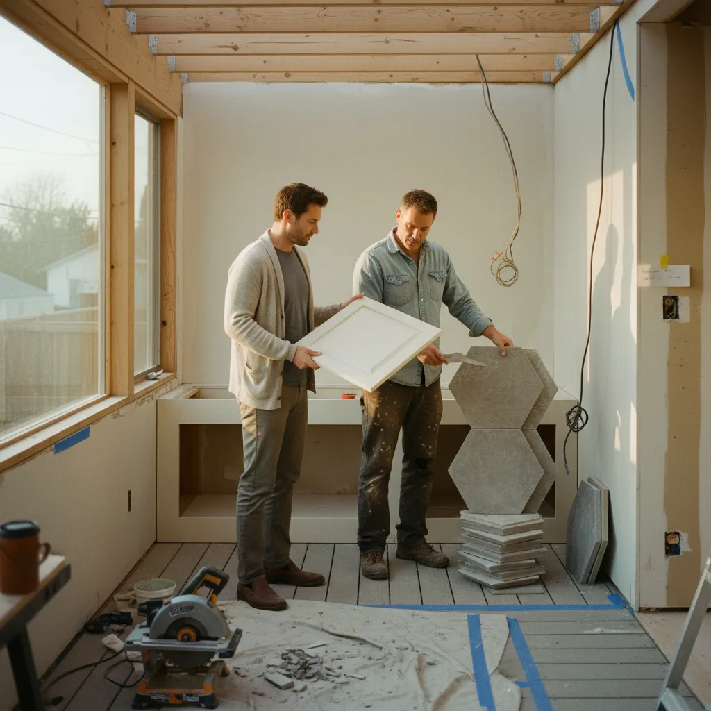 A Denver contractor and homeowner reviewing composite decking samples on a partially built deck frame.