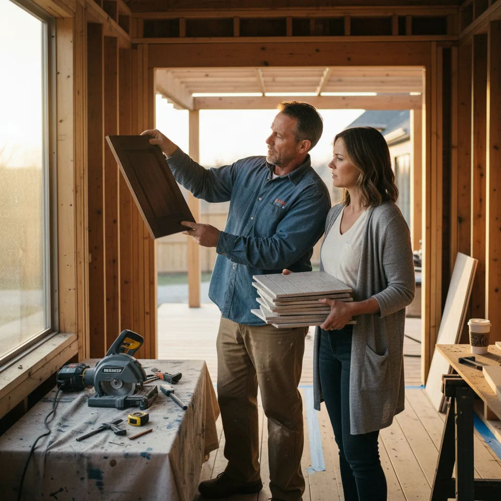 A contractor and homeowner in Nashville review composite decking samples on a partially built deck frame.