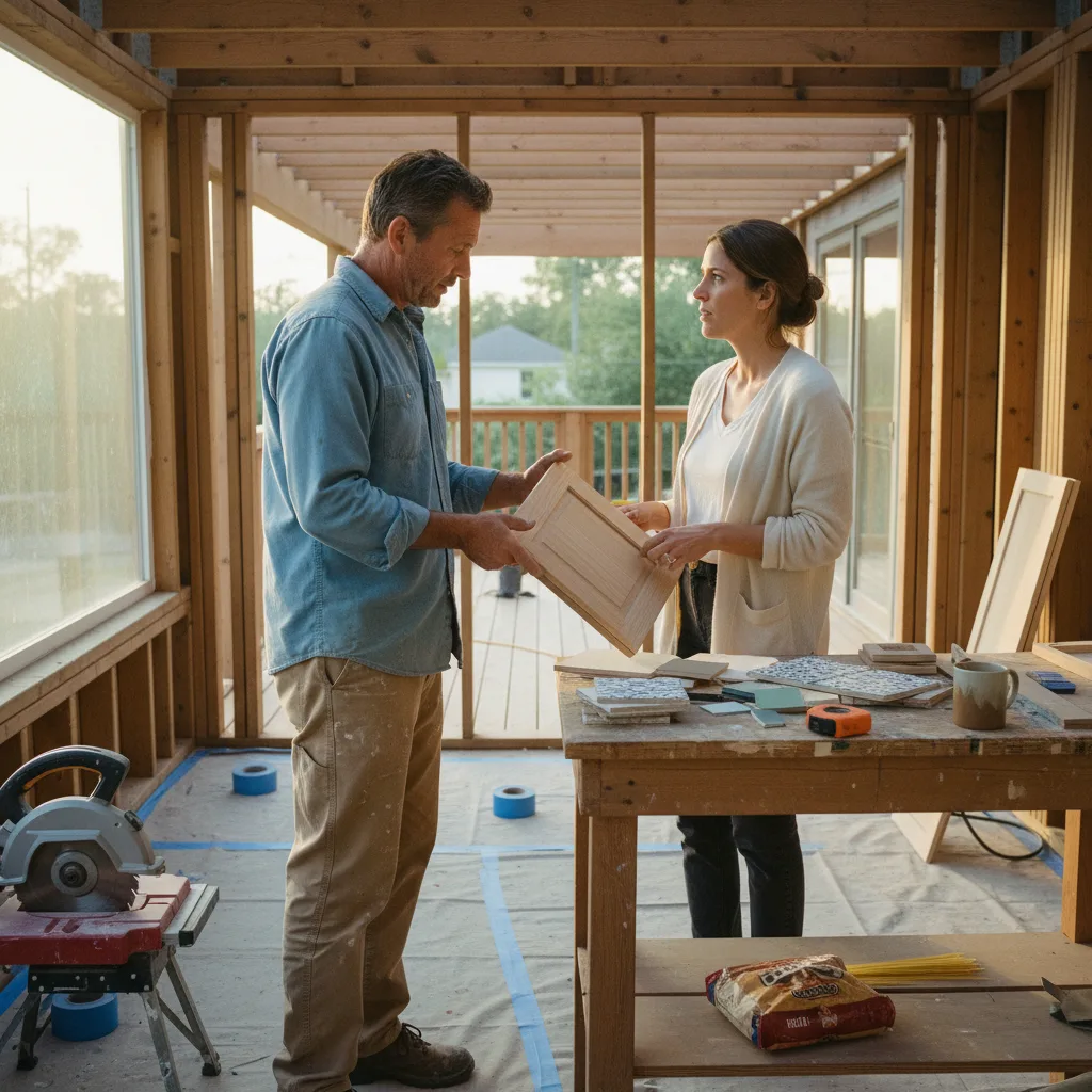 A contractor and homeowner in Orlando discussing plans for a new deck and pergola build.