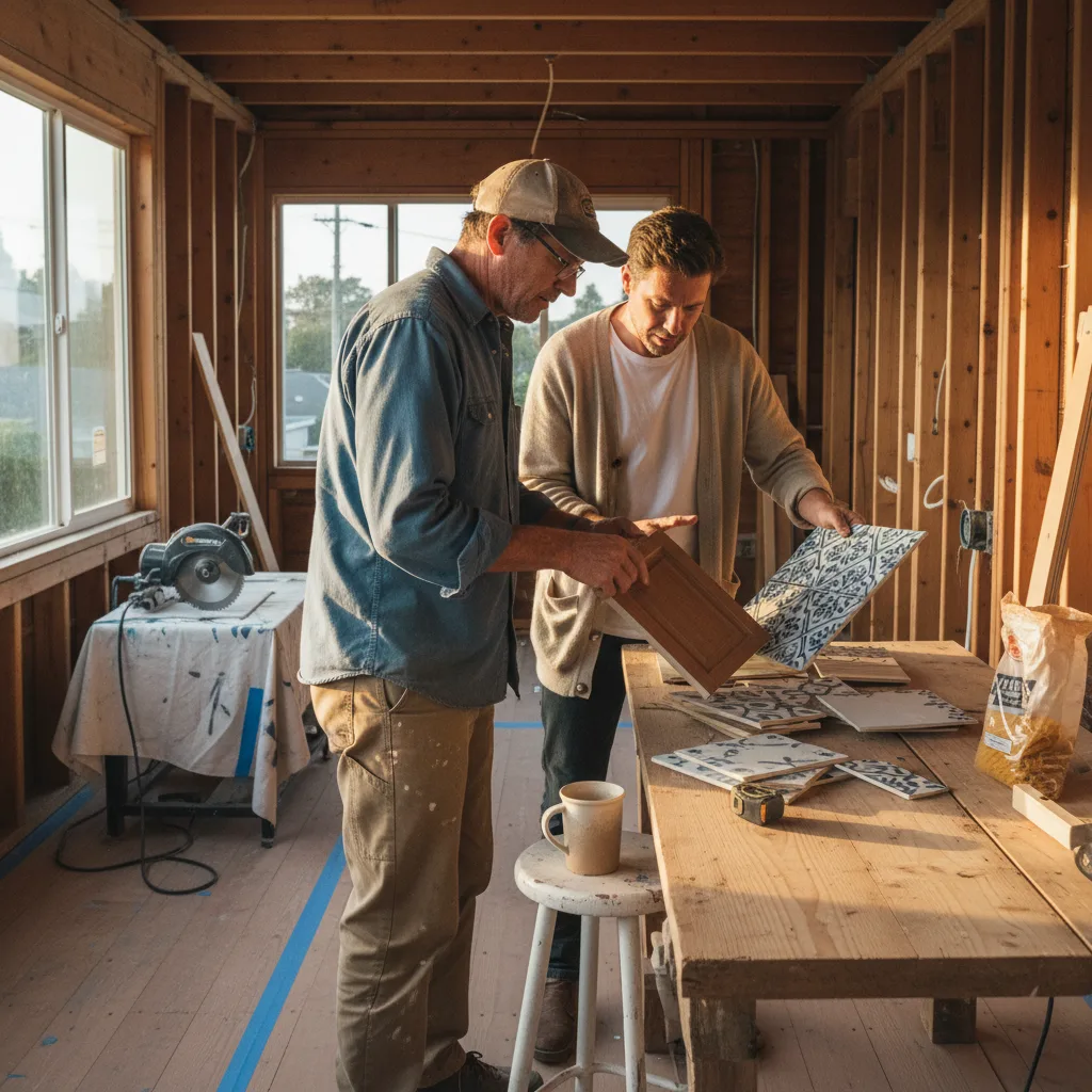 A contractor and homeowner discuss decking material samples on a partially framed deck in a sunny backyard.