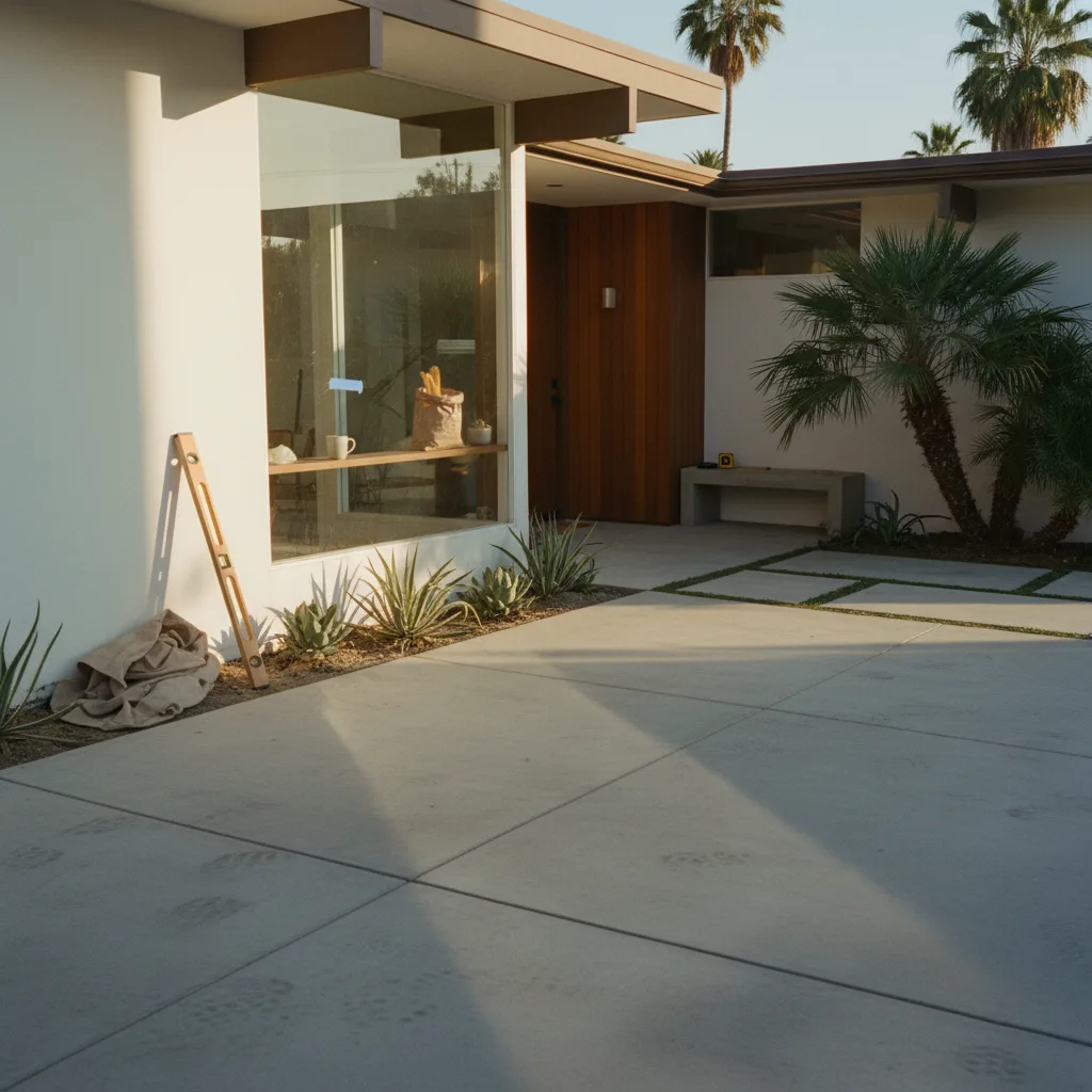 A newly poured concrete driveway in a modern Los Angeles home, with clean lines and fresh landscaping.