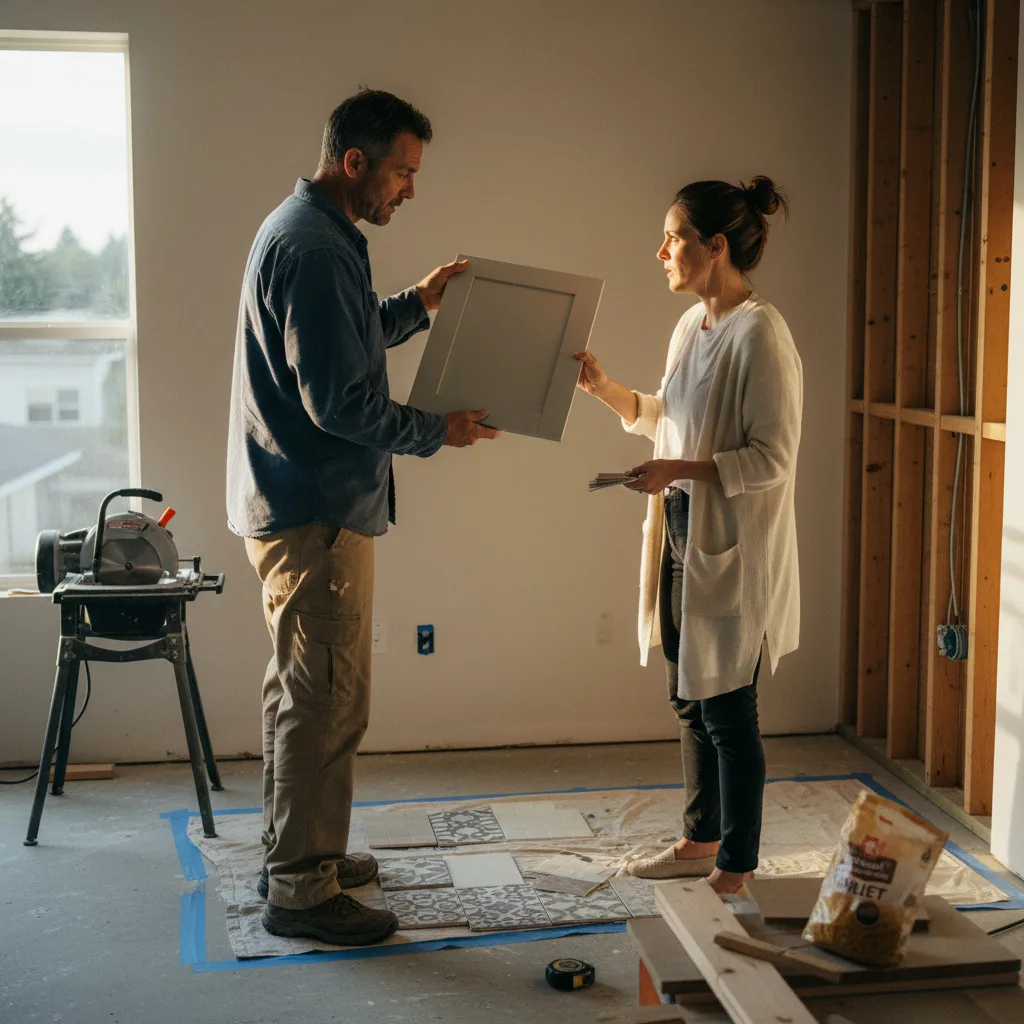 A homeowner and their driveway contractor review paver samples on a partially prepped site in Seattle.