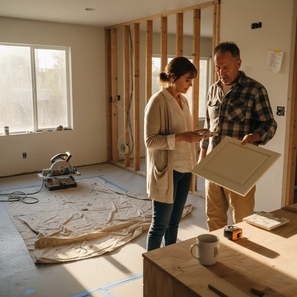 A San Diego homeowner and her kitchen contractor review countertop slab options in a warehouse.