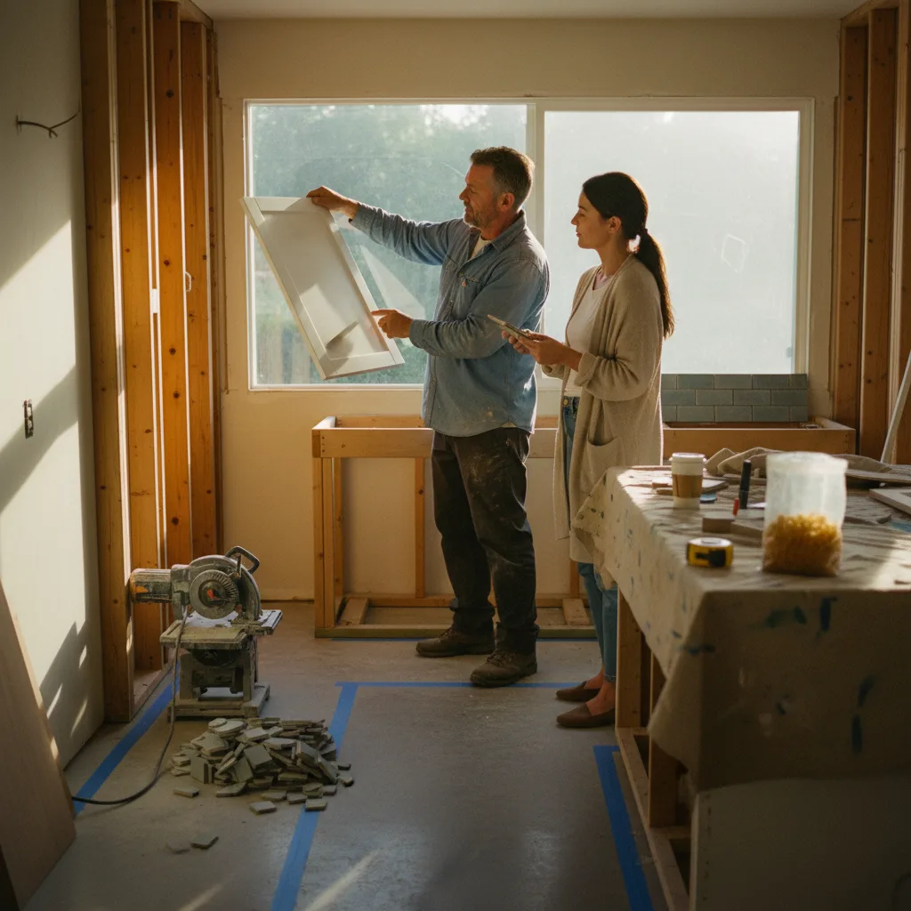 A contractor and homeowner in Los Angeles review countertop samples for an outdoor kitchen project.