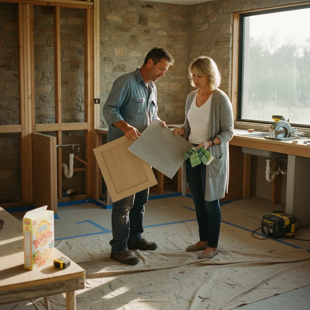 A contractor and homeowner in Seattle review countertop samples for their new outdoor kitchen project, discussing durability against the Pacific Northwest weather.
