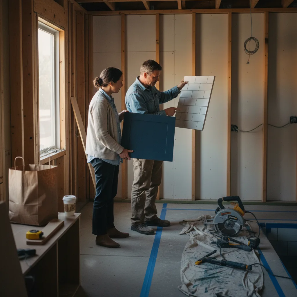 A pool contractor and homeowner in Denver review hardscaping material samples next to a newly excavated pool site.