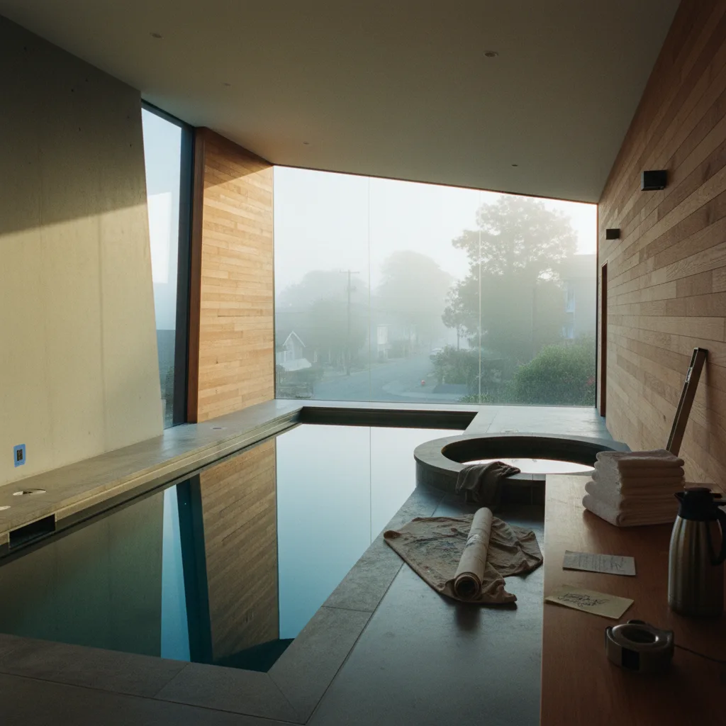 A modern rectangular swimming pool in a landscaped San Francisco backyard, with the city's iconic fog rolling in over the hills in the background.