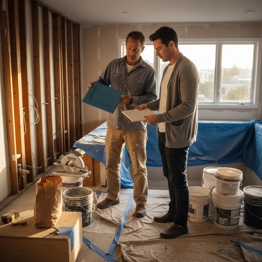 A pool contractor and homeowner in San Francisco review tile samples against a newly plastered pool shell.
