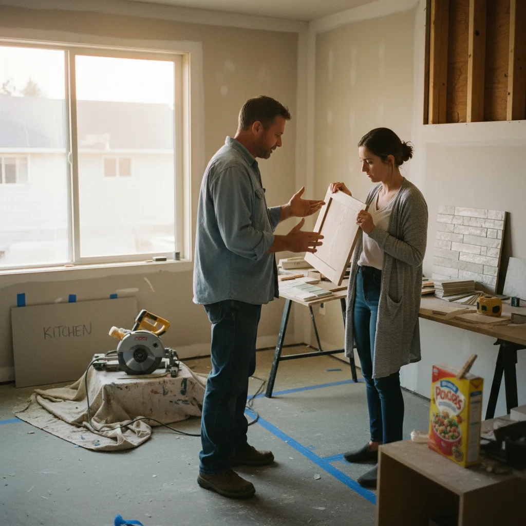 A siding contractor in Portland discusses fiber cement siding options with a homeowner in front of their house.