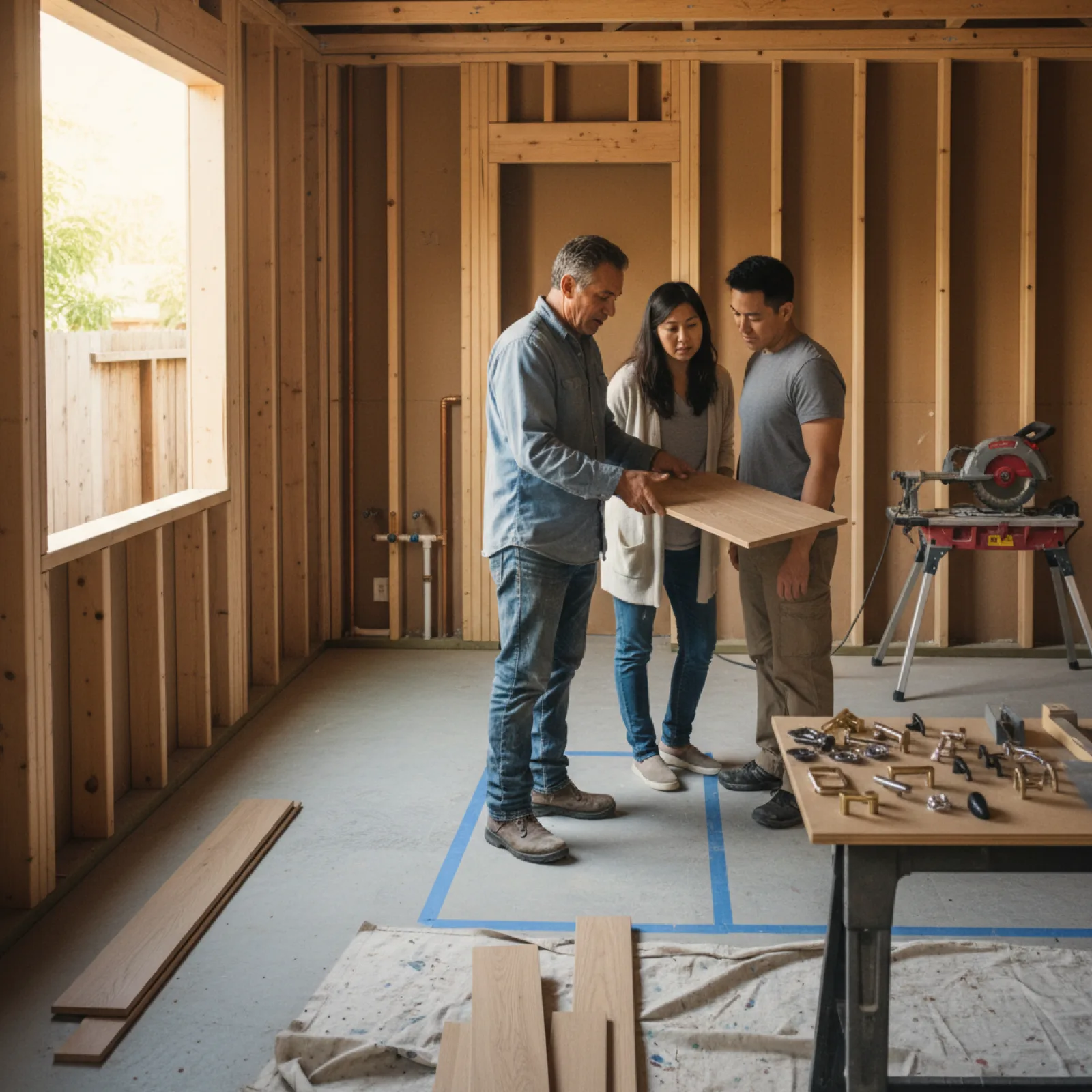 A contractor and homeowner review blueprints for an ADU build on-site in a Los Angeles backyard.