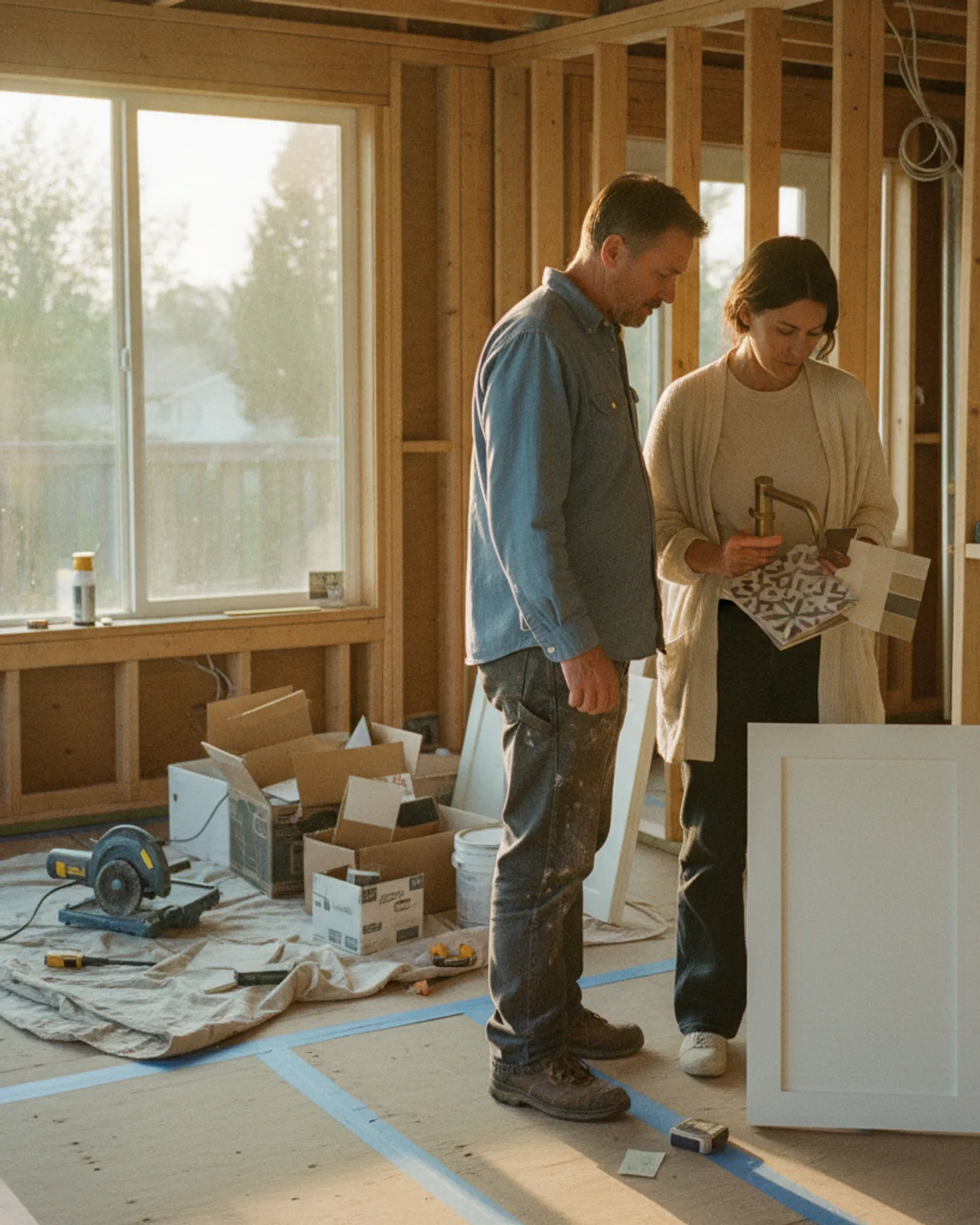 A Seattle contractor and homeowner review composite decking samples on a partially framed deck.