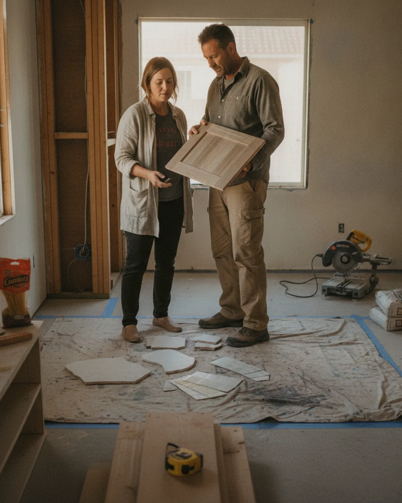 A San Diego homeowner and their driveway contractor review paver samples on site.