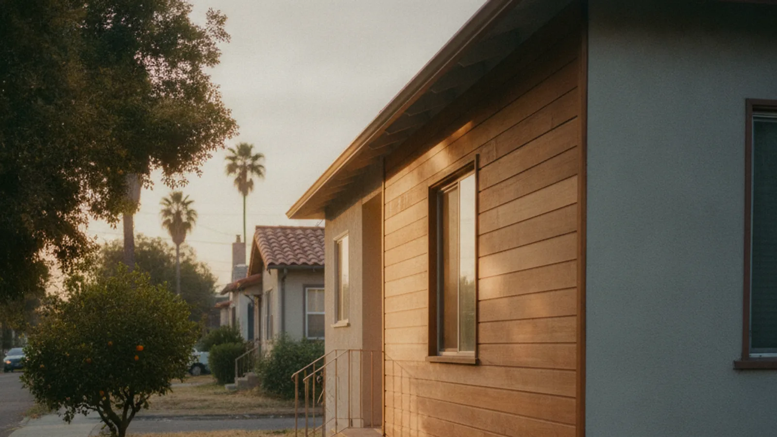A newly re-sided two-story home in East Sacramento with dark gray fiber cement siding, basking in the late afternoon sun.