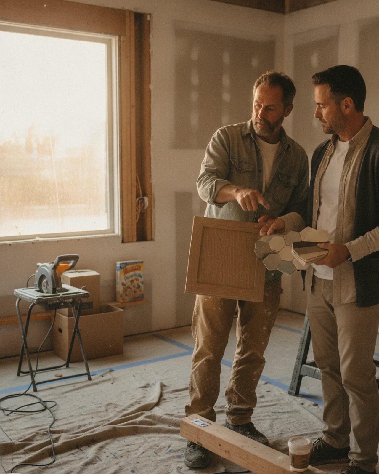 A Sacramento homeowner discusses siding samples with a Renology contractor in their Land Park backyard.