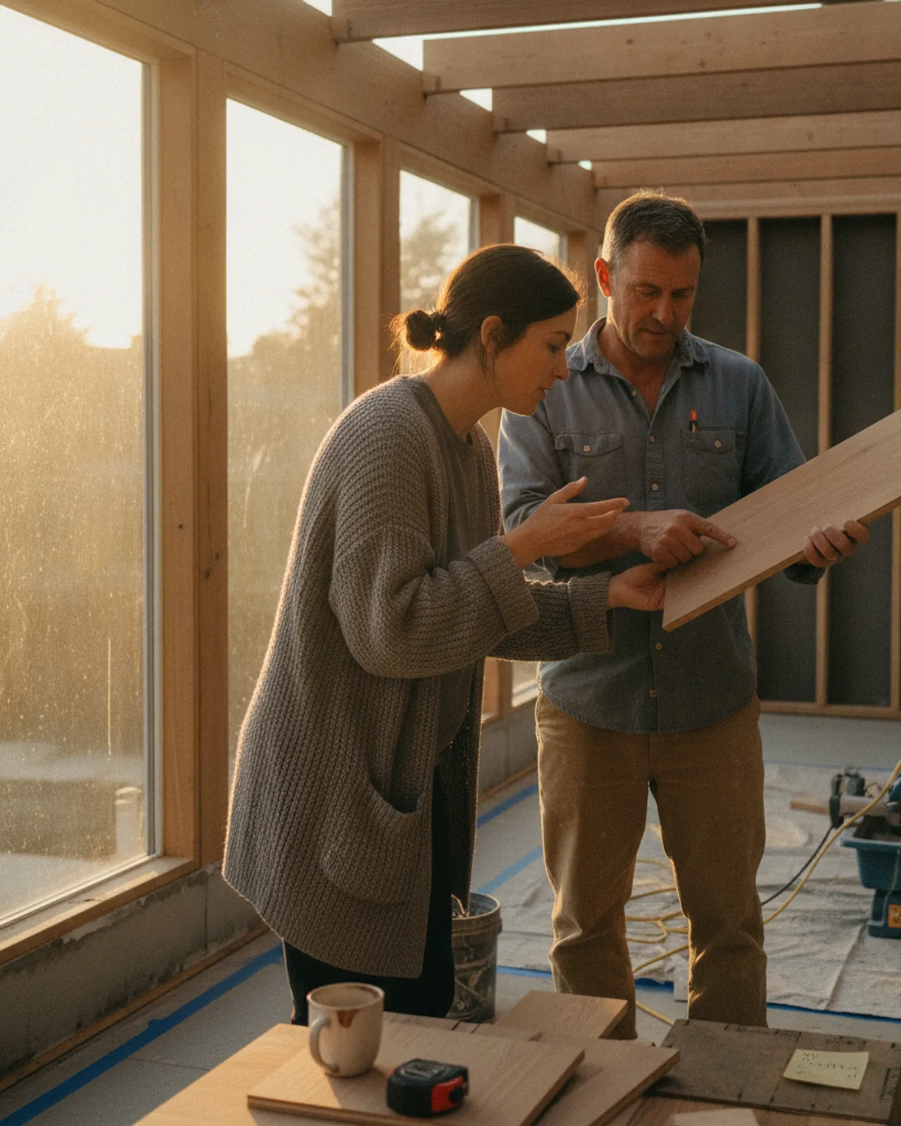 A homeowner and their contractor review composite decking samples on a partially built deck frame in Seattle.