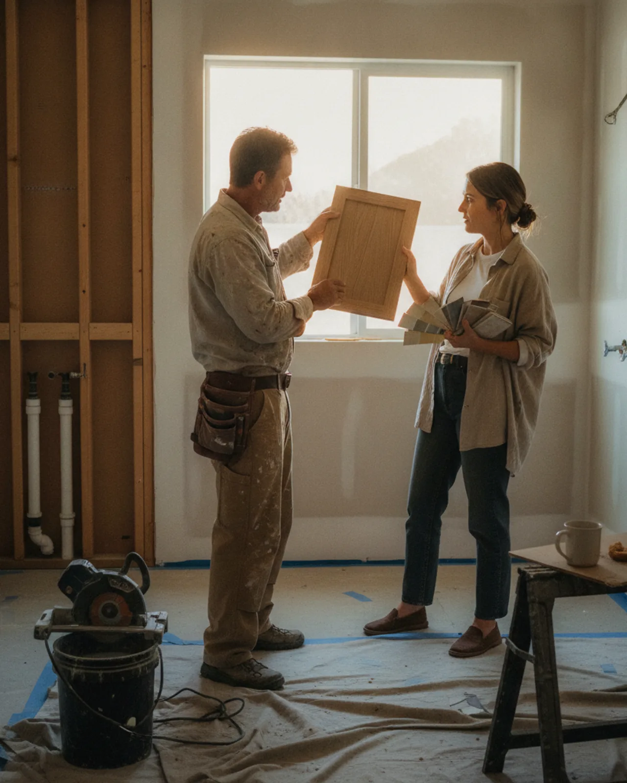 A homeowner in San Diego reviews tile samples with her bathroom remodel contractor in a well-lit kitchen.