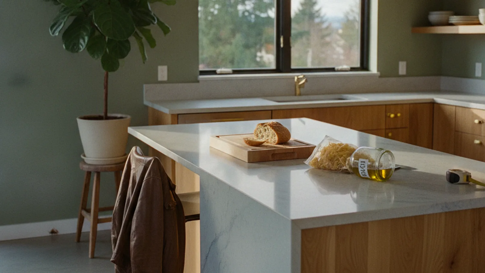 A beautifully finished modern kitchen in a Seattle Craftsman home, featuring dark green cabinets, white quartz countertops, and a view of evergreen trees through a large window.