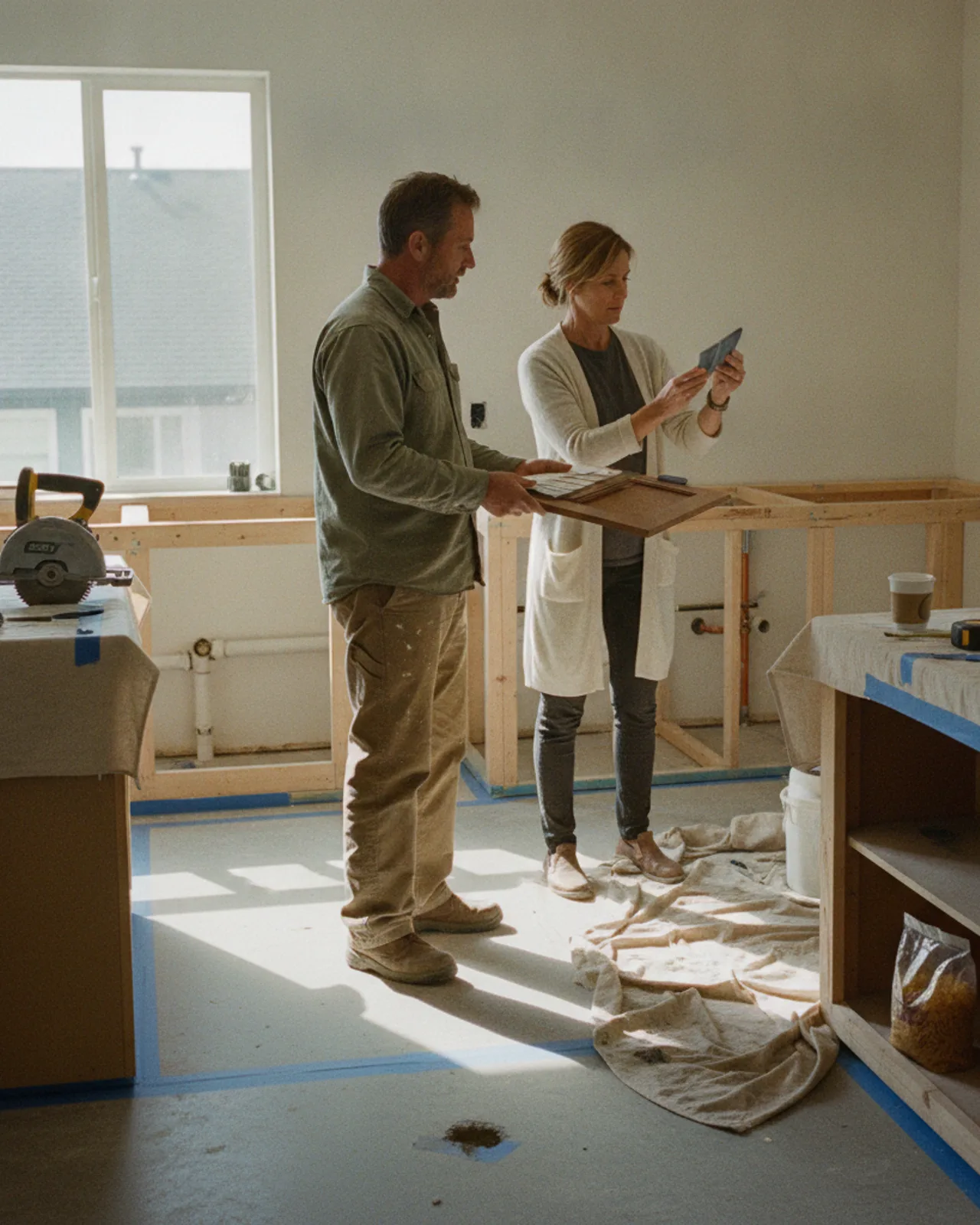 A Seattle homeowner and her contractor review countertop samples in a partially demolished kitchen, with sunlight streaming through a window.