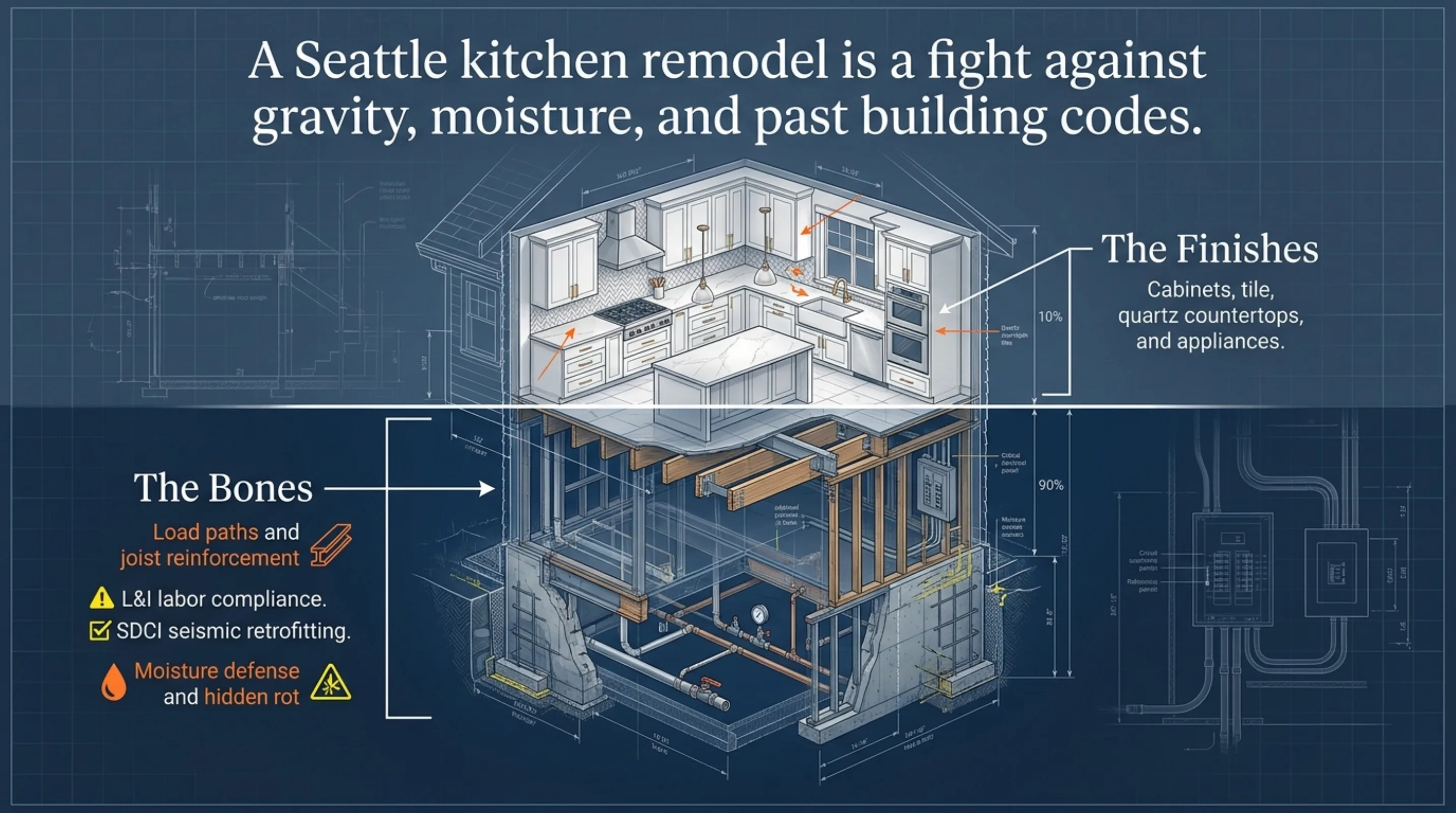 A Seattle homeowner and her contractor review countertop samples in a partially demolished kitchen, with sunlight streaming through a window.