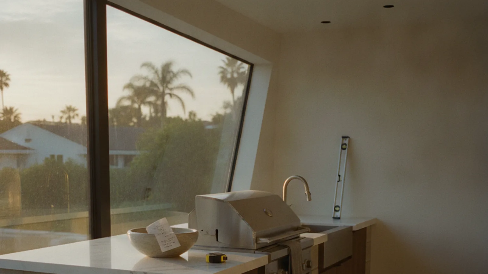 A modern outdoor kitchen in a Los Angeles backyard at dusk, featuring a built-in stainless steel grill, concrete countertops, and integrated lighting.