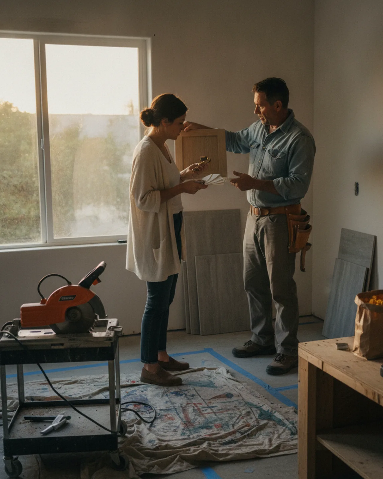 A San Diego homeowner and her contractor reviewing fiber cement siding samples against the wall of her home in the morning sun.