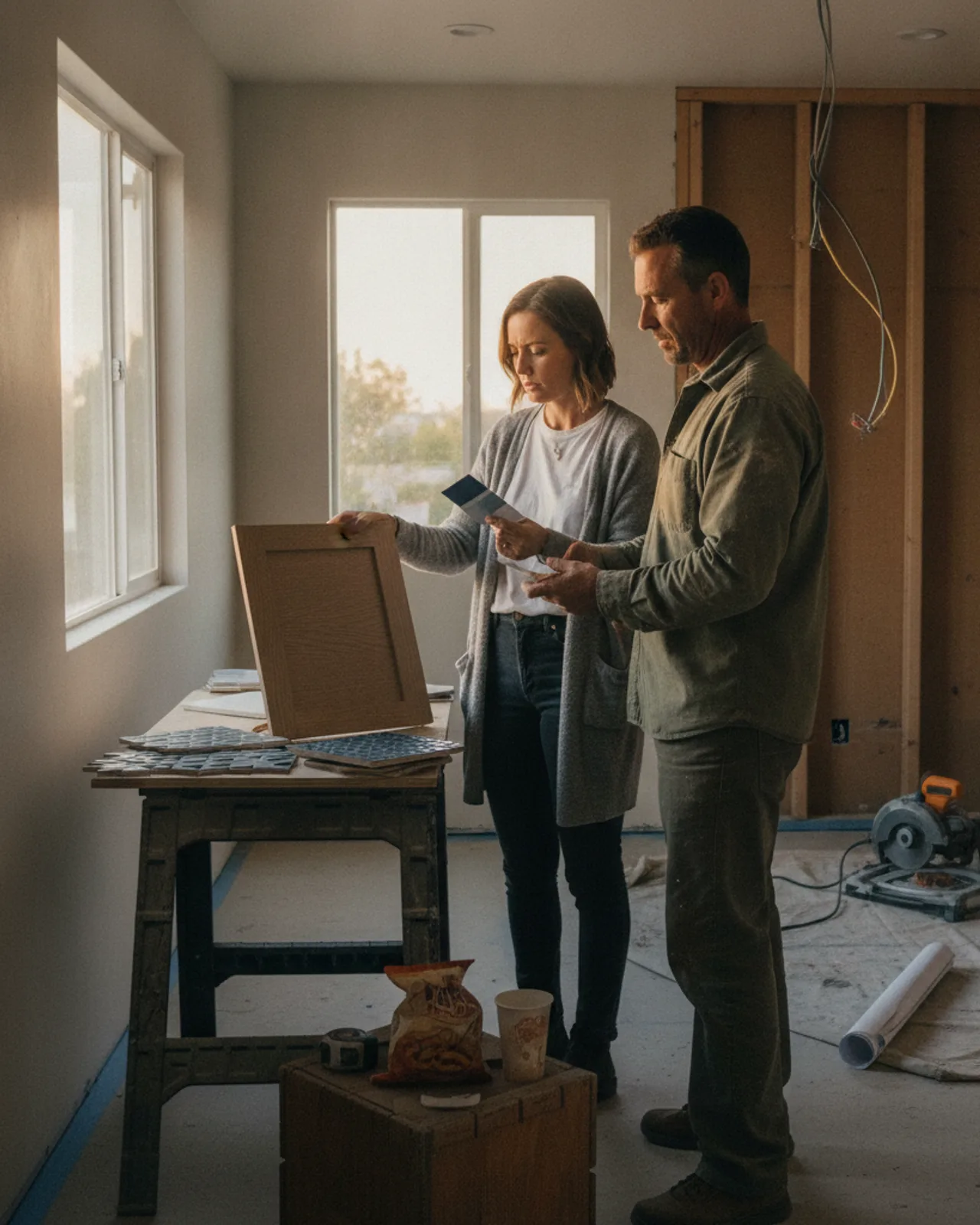 The homeowners and their contractor review zellige tile samples in the natural light of their living room in Los Angeles.