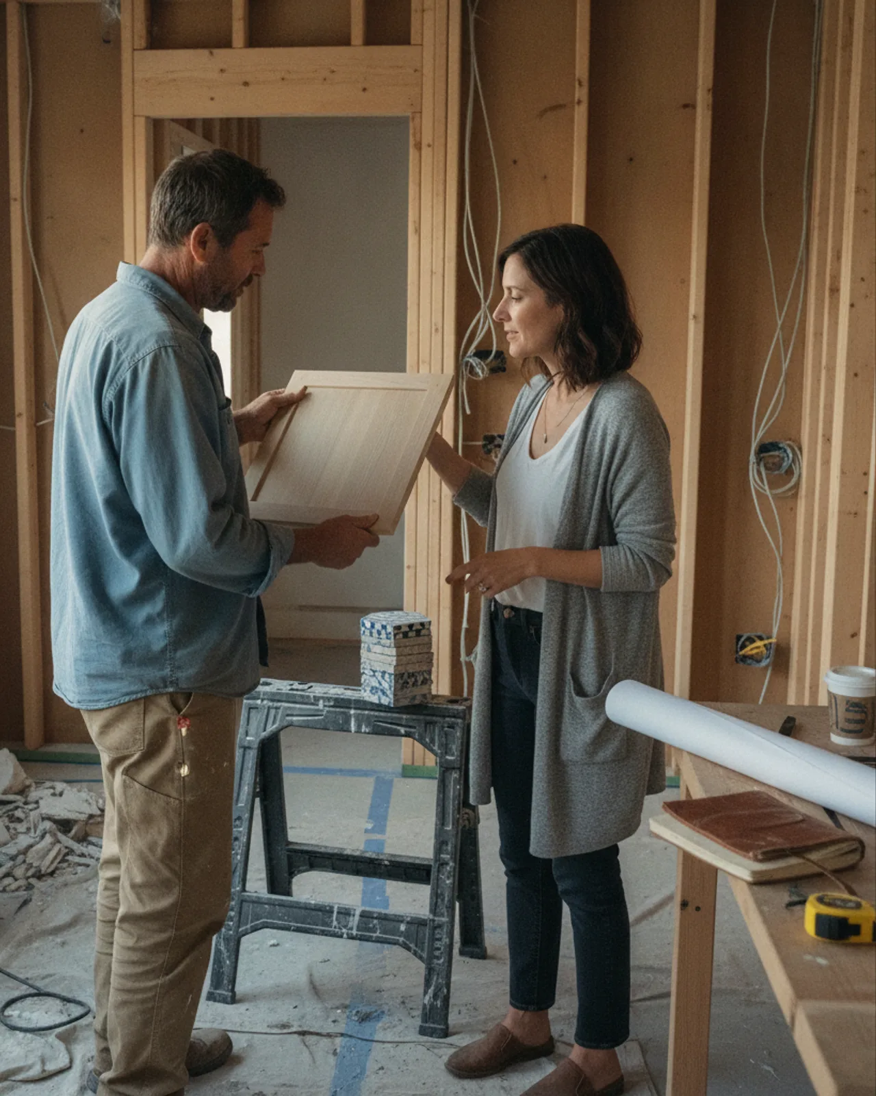 Homeowners and their contractor reviewing rift-cut white oak cabinet samples in the framed-out ADU kitchen space, with natural light streaming in.