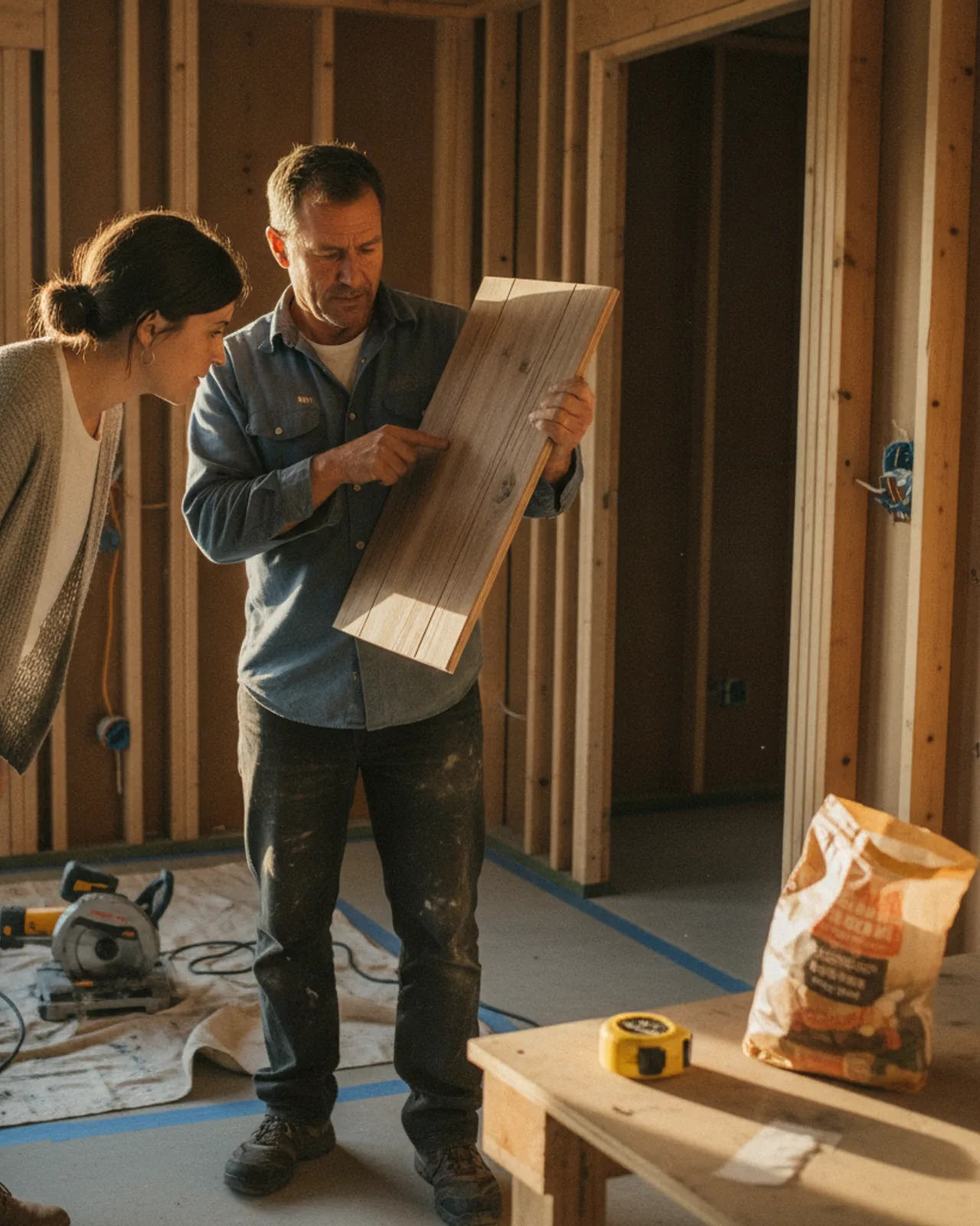 Homeowners review rift-cut white oak cabinet samples with their contractor in their partially constructed ADU space.