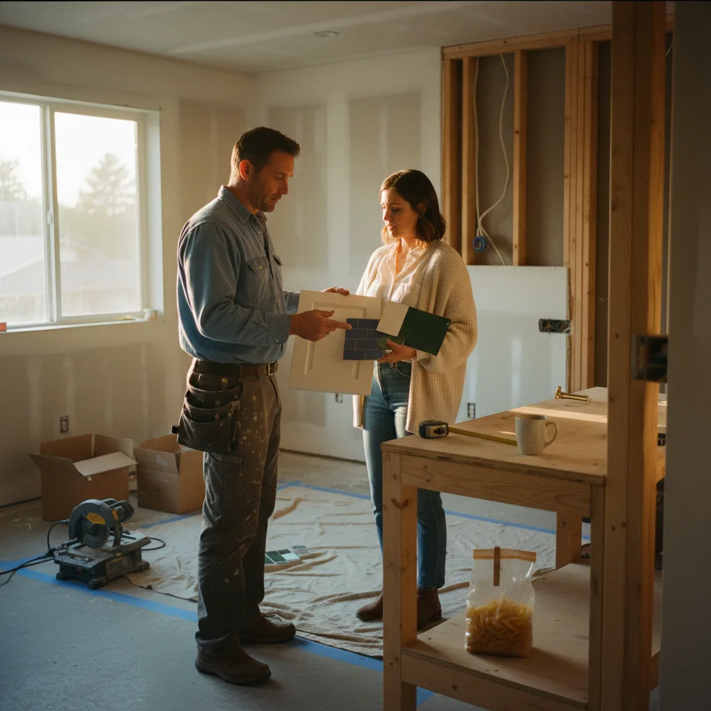 A Denver homeowner and their kitchen contractor review cabinet samples in a partially demolished kitchen space.