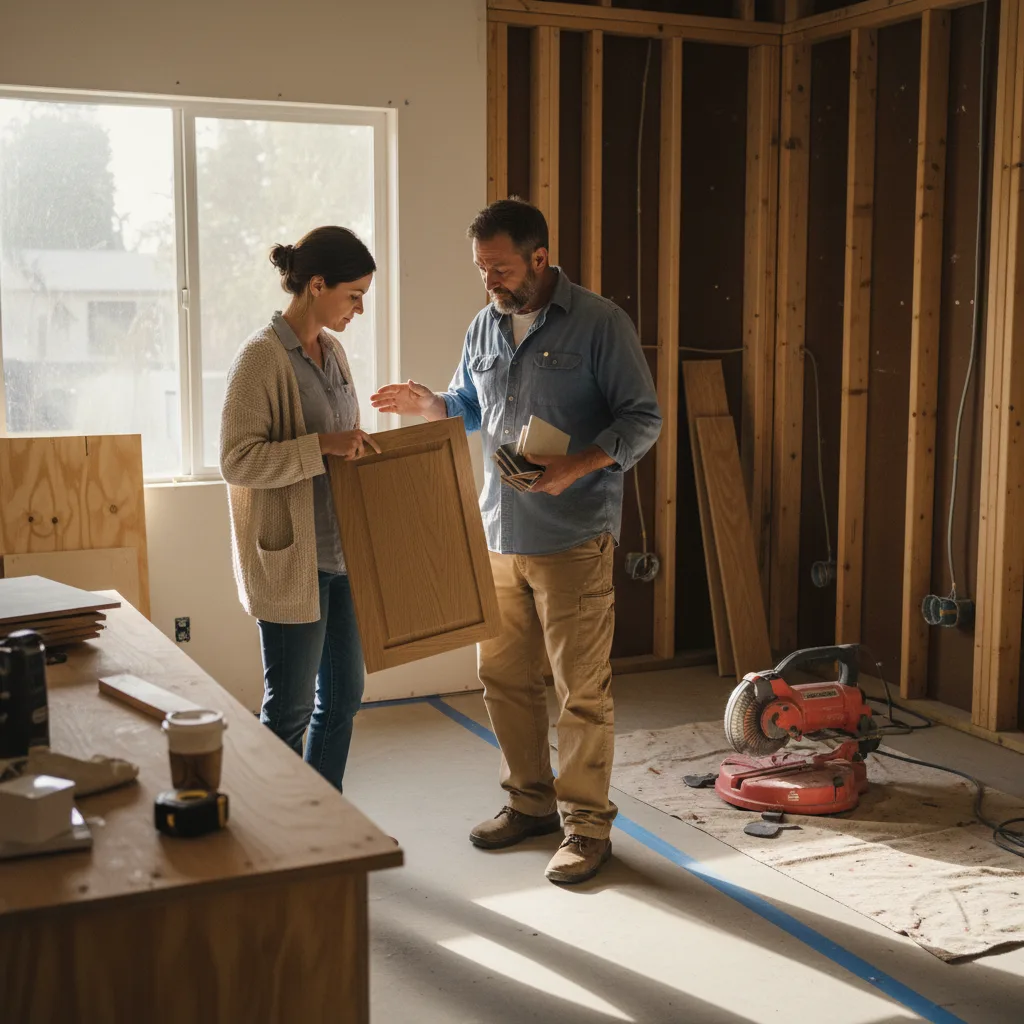 A Los Angeles homeowner and their kitchen contractor review cabinet finish samples in a partially demolished kitchen space.