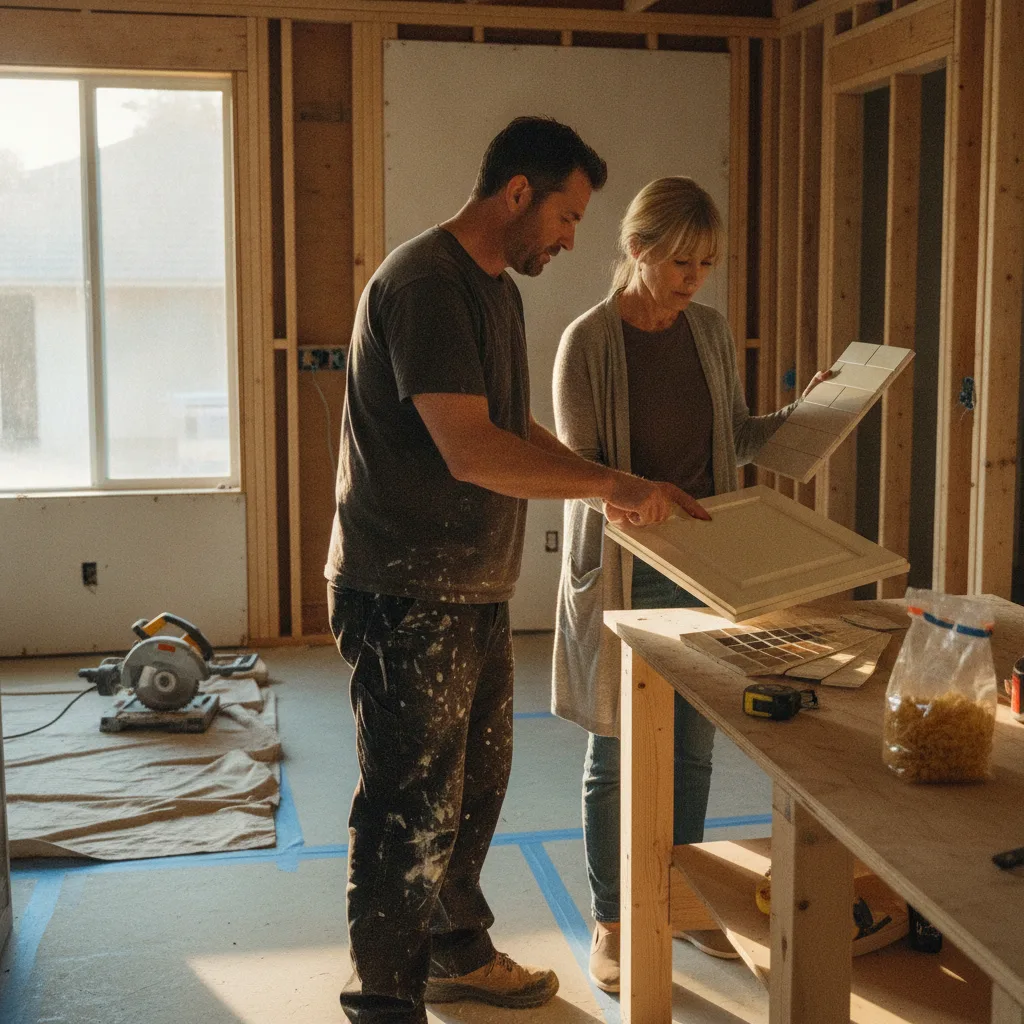 A Sacramento homeowner and their kitchen contractor review countertop samples in a partially demolished kitchen.
