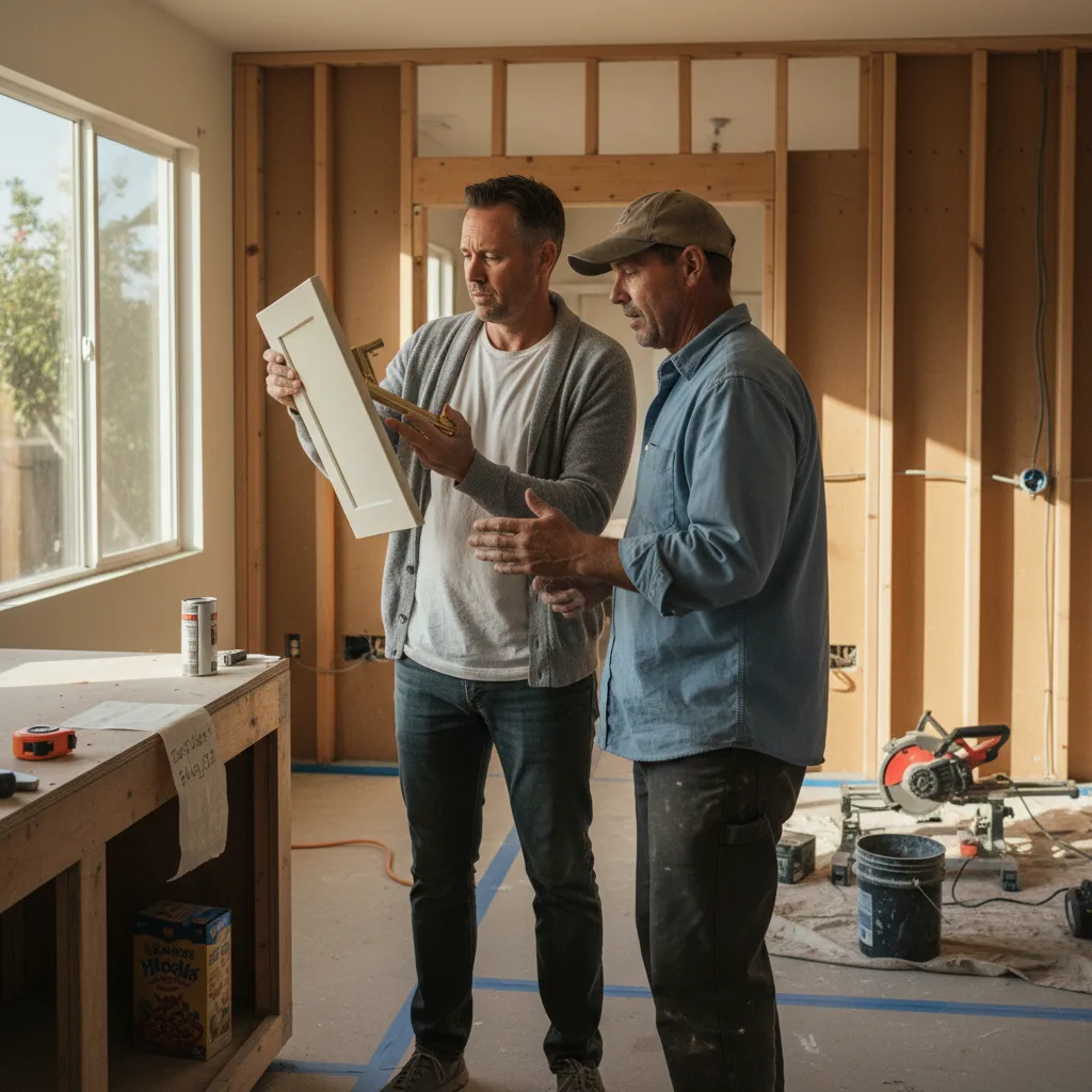 A San Diego homeowner and their contractor review countertop samples in a kitchen under renovation.