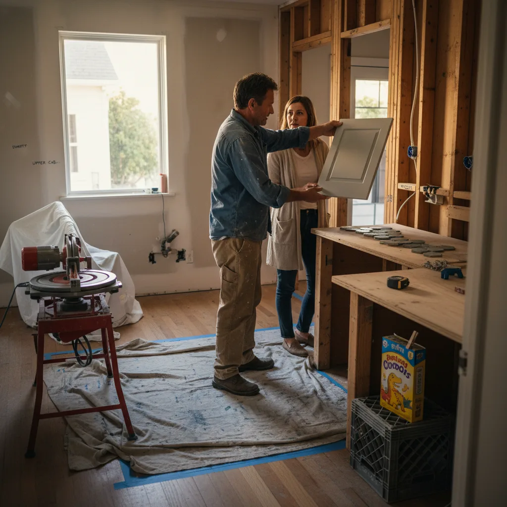 A San Francisco homeowner discusses kitchen cabinet samples with their contractor in a home under renovation.
