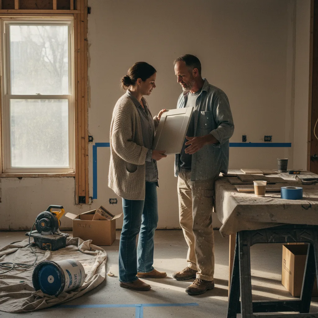 A Seattle homeowner and their kitchen contractor reviewing cabinet samples in a sunlit room.