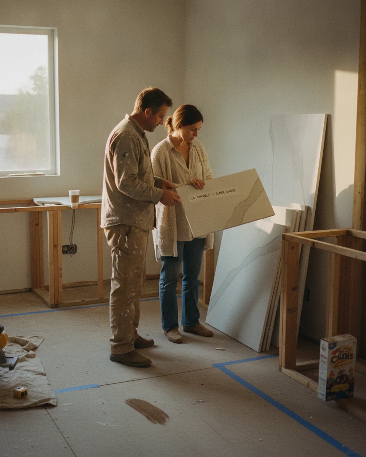 A Los Angeles homeowner and their kitchen contractor review cabinet door samples in a sunlit kitchen under renovation.
