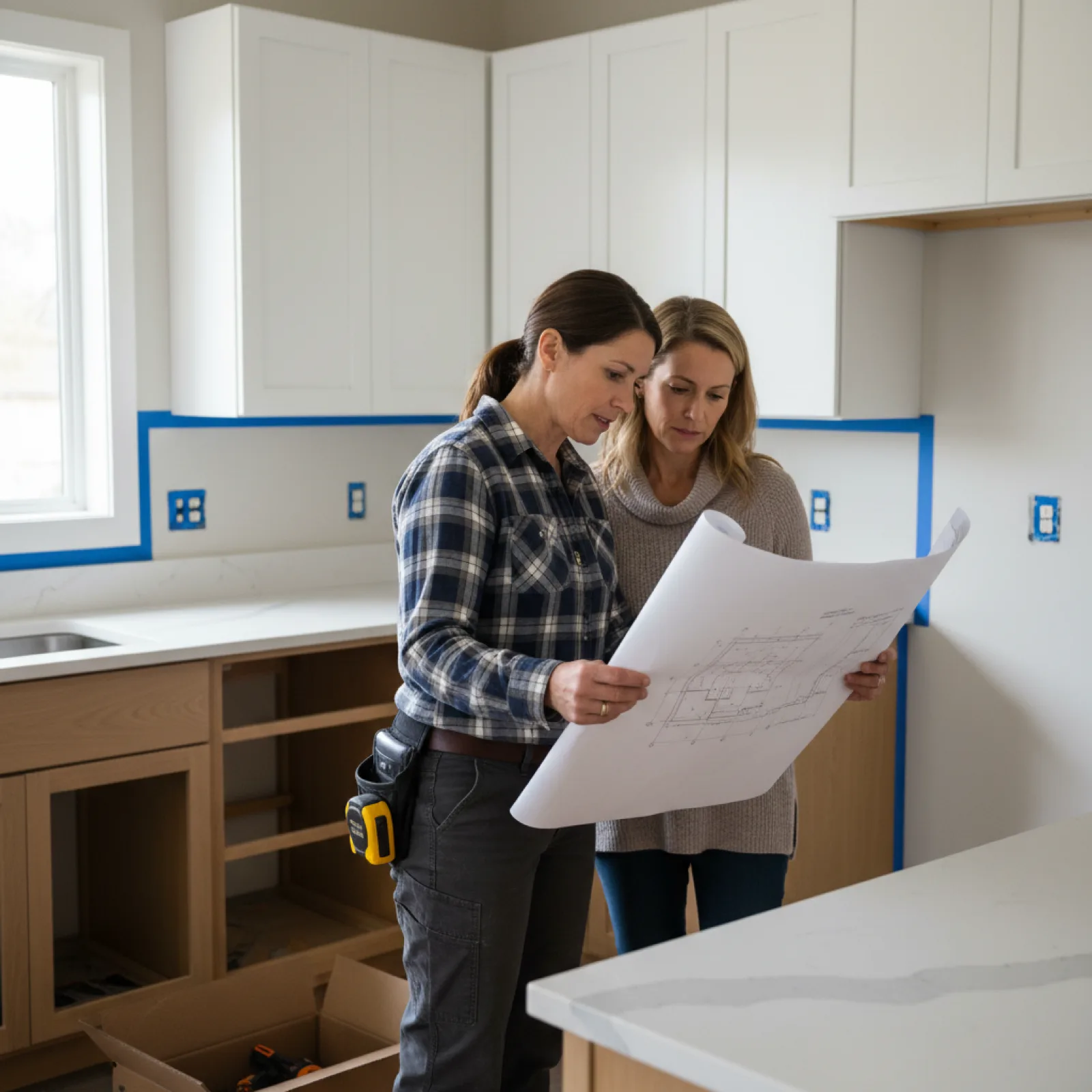 A Bellevue homeowner and her general contractor reviewing blueprints in a kitchen mid-renovation, with new rift-cut white oak upper cabinets already installed