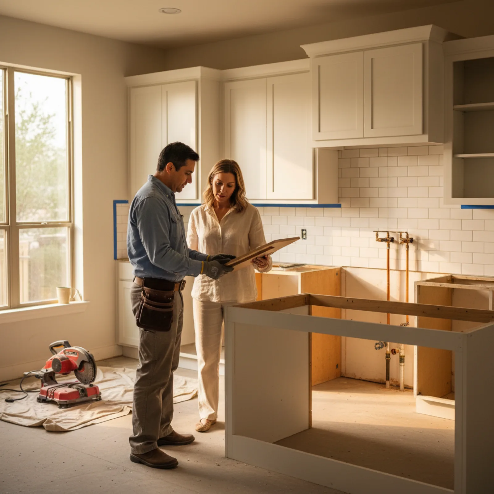 An Austin homeowner reviewing cabinet door samples with her general contractor in a kitchen mid-renovation, with shaker cabinets installed on one wall and the island still in framing